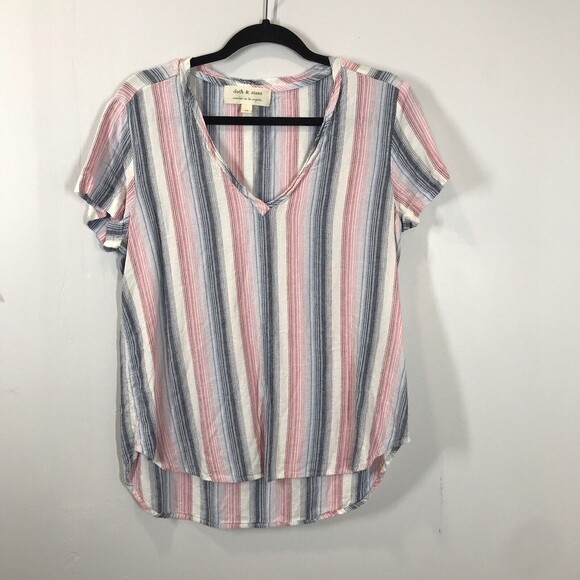Cloth & Stone Womens Striped Top Size Small Linen Short Sleeve V Neck Popover - Picture 1 of 8